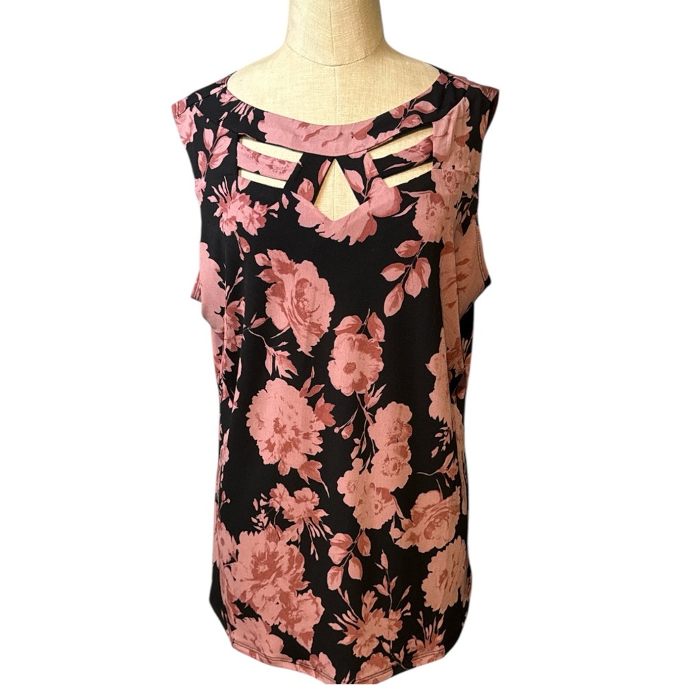 Diana Belle XL Pink Floral Sleeveless Top Black Stretch Keyhole Blouse NWT